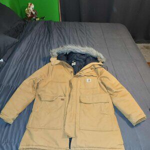 Carhartt Insulated Duck Canvas Parka Coat w/ Faux Fur Hood Tan Brown